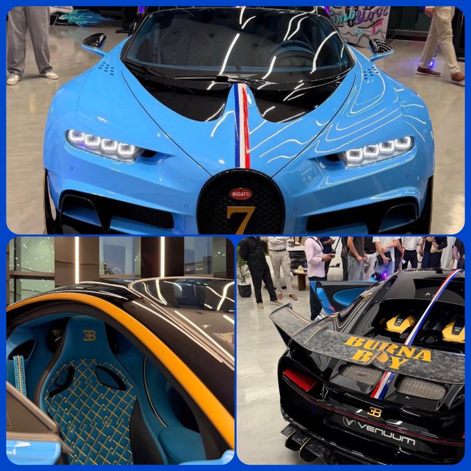 Collage of a light blue Bugatti Chiron Pur Sport with the number 7, including views of the front grille, blue and yellow leather interior with "BB" logos, and rear wing displaying "BURNA BOY" branding.