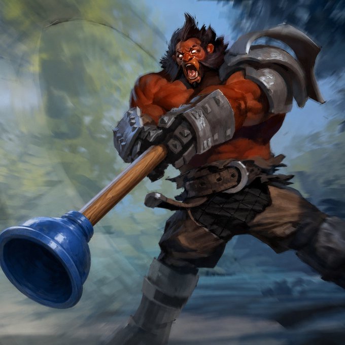 A muscular, armored fantasy warrior swings a giant blue plunger like a weapon. The scene playfully illustrates the post’s “LET THE PLUMBING BEGIN $PLUMBER” theme.