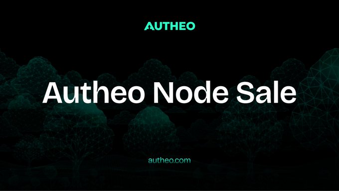 A dark promotional banner for "Autheo Node Sale" featuring the Autheo logo at the top and autheo.com at the bottom, set against a backdrop of stylized geometric trees. The image announces the validator node sale, highlighting tiered reward allocations (Sovereign, Prime, and Core) based on a 7-year emission schedule from the 525M THEO token allocation.