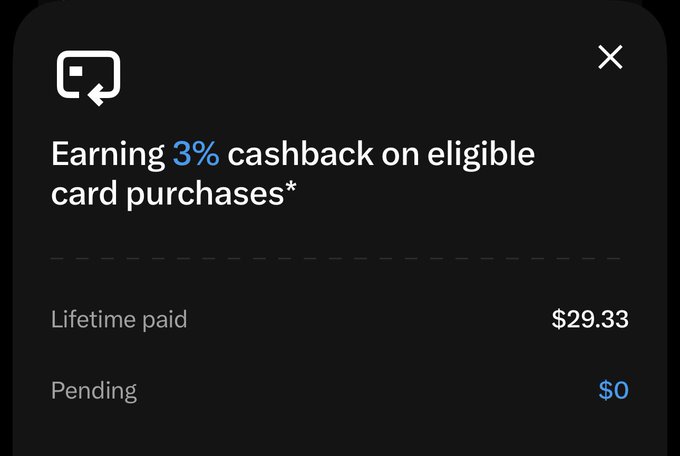 A mobile app screen displaying 'Earning 3% cashback on eligible card purchases*' with 'Lifetime paid' showing $29.33 and 'Pending' showing $0.
