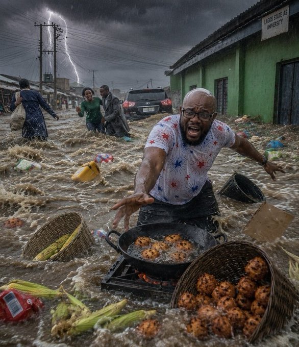 A dramatic scene depicts a man with glasses desperately trying to protect a pan of frying food in a flooded street during a severe storm, with lightning striking in the background and other people fleeing the rising waters.