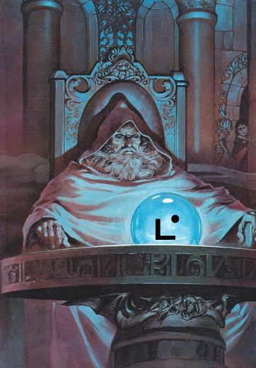 A fantasy illustration depicts an elderly wizard in a red robe holding a glowing blue crystal ball, with a figure visible in the background archway.
