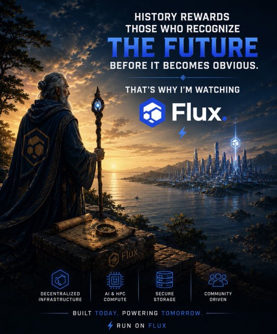 The image features a man standing at the edge of a body of water, holding a staff or staff-like object. The background shows a city skyline with buildings that appear futuristic and high-tech. The text in the image reads "History rewards those who recognize the future before it becomes obvious." This quote is related to the Flux logo, which is displayed at the bottom of the image.