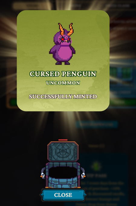 A pixel art character card showing a purple 'CURSED PENGUIN' labeled as 'UNCOMMON' with the text 'SUCCESSFULLY MINTED' below it, above a robot character with a 'CLOSE' button.