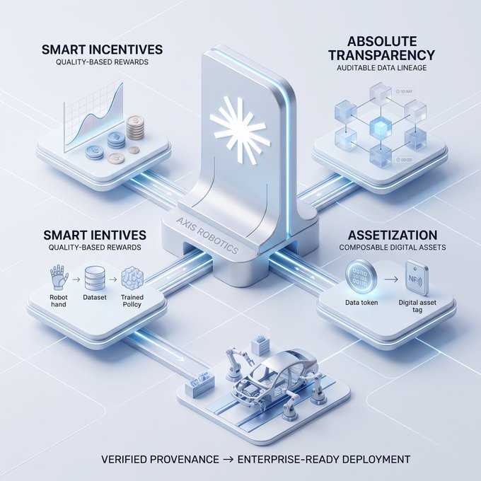 A futuristic infographic for 'AXIS ROBOTICS' showing four pillars: 'SMART INCENTIVES', 'ABSOLUTE TRANSPARENCY', 'SMART ENTIVES' (likely a typo for INCENTIVES), and 'ASSETIZATION', with a tagline 'VERIFIED PROVENANCE → ENTERPRISE-READY DEPLOYMENT'.