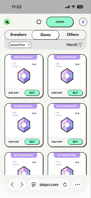 A mobile screenshot of stepn.com shows a marketplace for digital items called 'Sneakers' and 'Gems' with 'BUY' buttons and GMT prices ranging from 4150 to 4465.