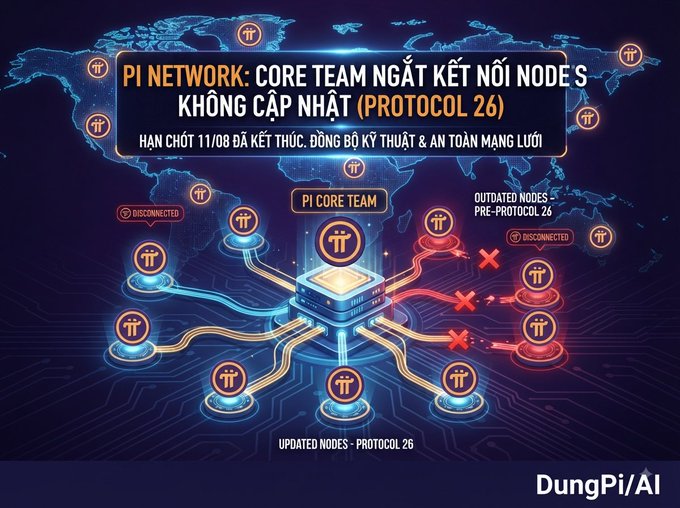 An infographic about Pi Network in Vietnamese titled 'PI NETWORK: CORE TEAM NGẮT KẾT NỐI NODE S KHÔNG CẬP NHẬT (PROTOCOL 26)' with a deadline of 11/08, showing a world map background and a central 'PI CORE TEAM' hub connected to updated and disconnected nodes.