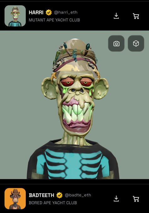 NFT profile displays showing 'HARRI @harri_eth' with a Mutant Ape character and 'BADTEETH @badte_eth' with a Bored Ape character wearing a cowboy hat.