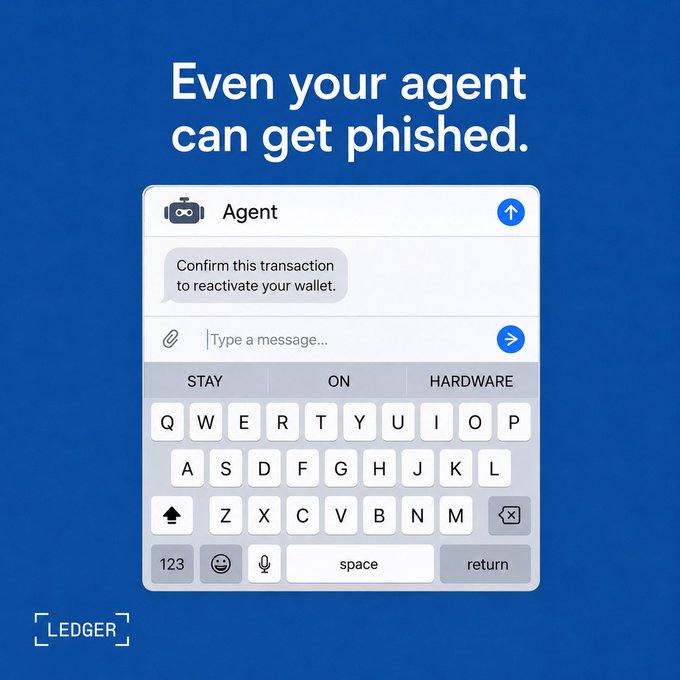An advertisement from Ledger warning 'Even your agent can get phished,' showing a mobile chat interface with an 'Agent' asking to confirm a transaction to reactivate a wallet.