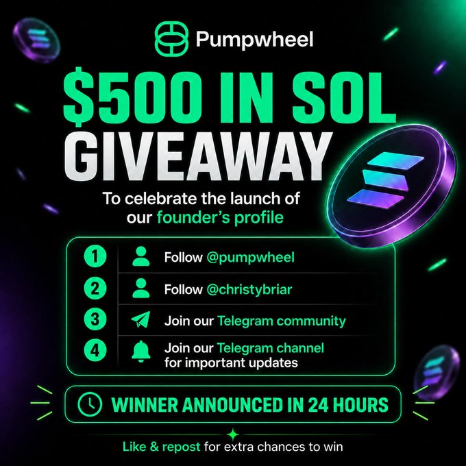 The image features a poster advertising a $500 donation drive to celebrate the launch of their founder's profile, particularly focusing on Sol currency. The poster includes various links to different social media platforms, with one prominent link directing users to @pumpwheel for further instructions or participation in the giveaway. It also highlights the significance of this event and mentions that the winner will receive extra chances to win based on their RSVP status.