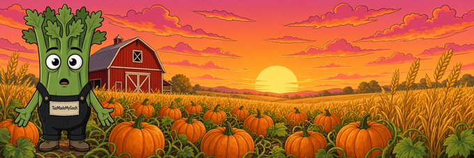 A cartoon celery mascot character stands in a pumpkin patch at sunset, wearing overalls with a 'Trade Like a Kush' label, with a red barn and golden wheat field in the background.