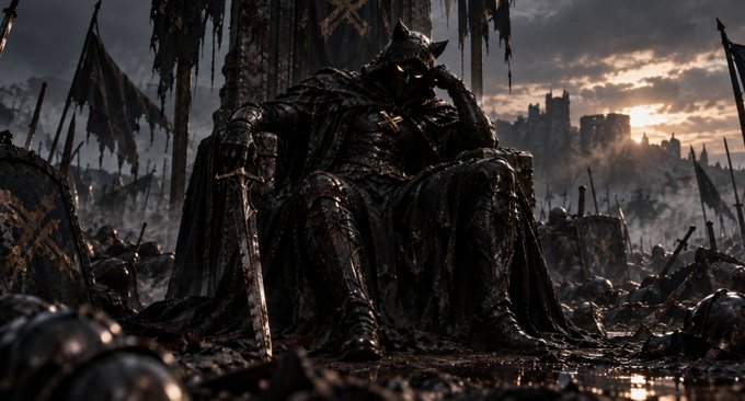 A lone armored figure sits on a throne of swords and shattered shields, their head bowed in weary reflection amid a dark, war-torn battlefield at sunset. The somber, post-battle stillness echoes the post's message about enduring humbling challenges before receiving any reward—capturing the quiet moment of a leader surveying the cost of victory.
