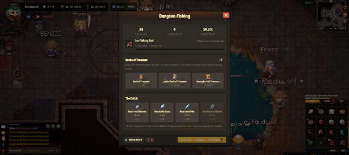 A screenshot from the blockchain game "Dungeon Fishing" shows a fishing interface with options to catch treasures or fish, with "100 Bait = 3 Keys ($0.3 USDC)" prominently displayed. The image relates to the post by showing the bait purchasing cost and the various sacks of treasures (including "Sack of Treasure," "Large Sack of Treasure," and "Heavy Sack of Treasure") that players can obtain while fishing in Cambria.