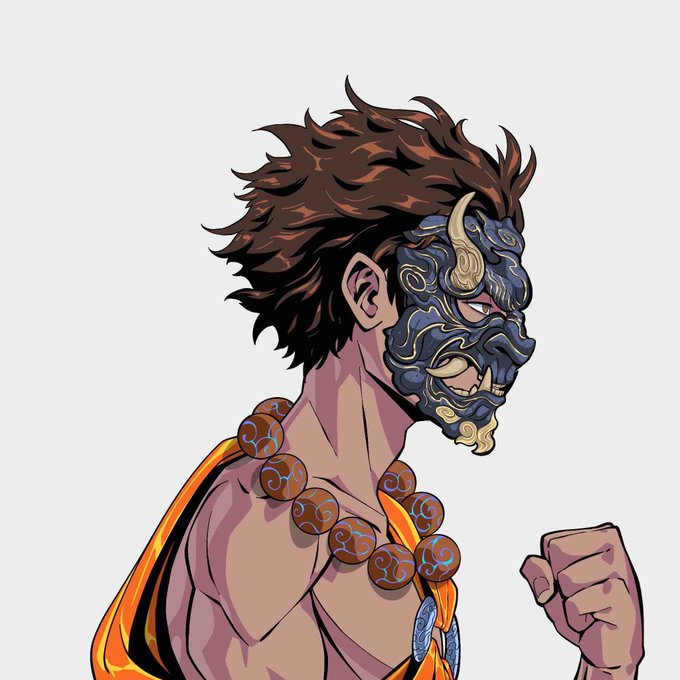 A digital illustration in anime/manga style depicting a muscular character with wild brown hair, wearing an ornate blue and gold samurai-style mask with horns, traditional robes, and large prayer beads.