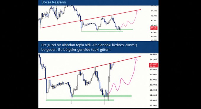 The image displays two annotated BTC/USD candlestick charts labeled "Borsa Ressami" in Turkish, with the bottom chart showing a rising pink arrow prediction path toward approximately 64,400 after a double-bottom bounce off the 62,800 support zone, illustrating the successful long Bitcoin trade mentioned in the post.
