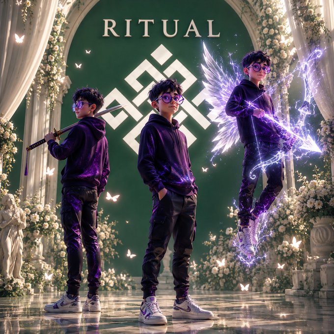 A stylized image titled 'RITUAL' showing three figures of a young boy in purple streetwear, depicting a transformation sequence with a katana sword and glowing purple wings, set against a green background with the Binance logo.