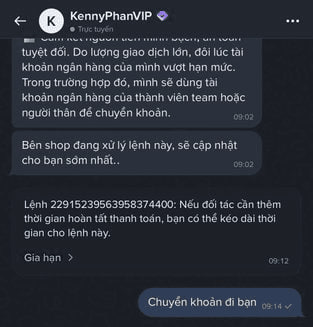 A Telegram chat screenshot with user 'KennyPhanVIP' contains Vietnamese text warning about exceeding bank transfer limits and providing a reference number '22915239563958374400'.