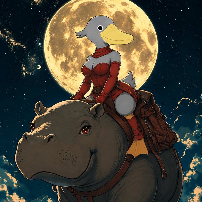 An anime-style illustration of a duck character in red armor riding on the back of a large gray bear, set against a giant full moon and starry night sky with clouds.