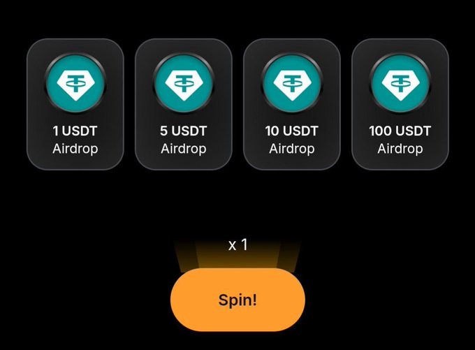 A dark-themed digital interface showing a reward spinner game with four options of USDT Airdrops (1, 5, 10, and 100 USDT) above a yellow 'Spin!' button with an 'x 1' multiplier.