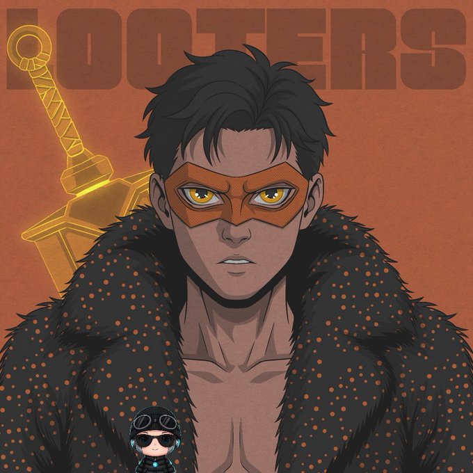 An illustrated portrait of a dark-haired character wearing an orange domino mask and a fur-collared outfit, with 'FOSTERS' in the background and a small chibi figure in the corner.