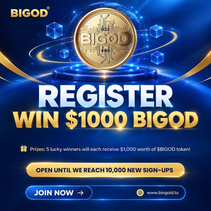 A promotional advertisement for BIGOD token featuring a gold coin and text offering a chance to win $1,000 BIGOD, with 5 lucky winners, available at bingold.to.