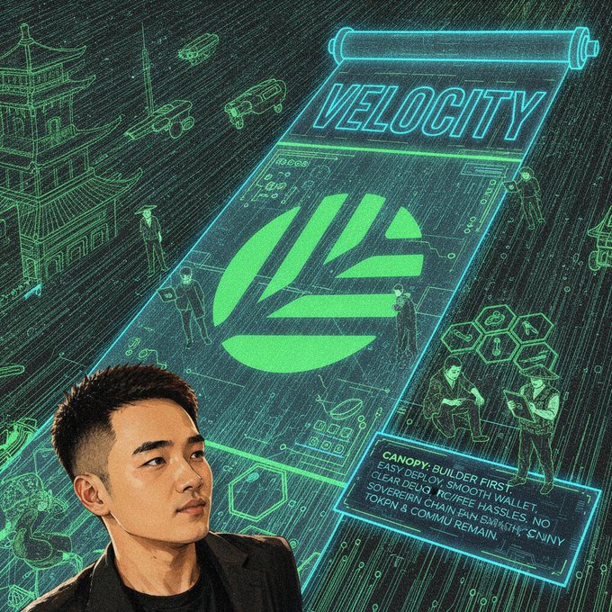 A futuristic digital art poster titled 'VELOCITY' featuring a young man in the foreground, neon green holographic elements, and text mentioning 'CANOPY BUILDER FIRST EASY DEPLOY SMOOTH WALLET' with cyberpunk-style background imagery.