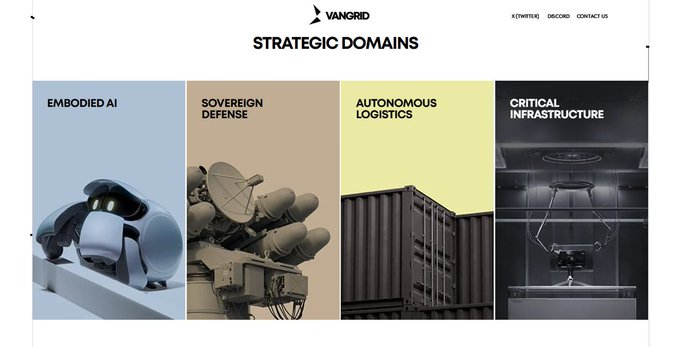 A webpage header for 'VANGRID' showing 'STRATEGIC DOMAINS' with four categories: 'EMBODIED AI', 'SOVEREIGN DEFENSE', 'AUTONOMOUS LOGISTICS', and 'CRITICAL INFRASTRUCTURE'.