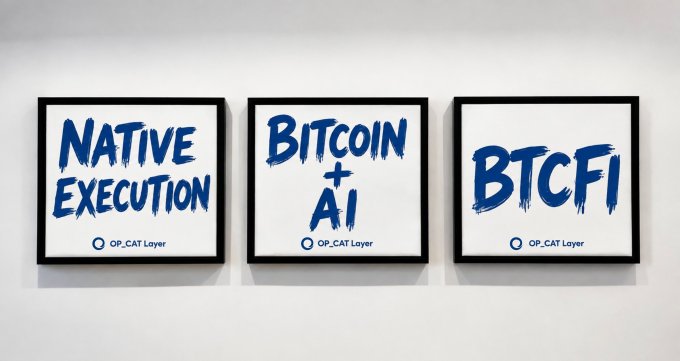 Three framed signs on a wall display the phrases "NATIVE EXECUTION," "BITCOIN + AI," and "BTCFI" in blue brushstroke lettering, each accompanied by the OP_CAT Layer logo, visually reinforcing the project's "Keep Building!" mission of advancing Bitcoin through native execution, AI integration, and BTC financial infrastructure.