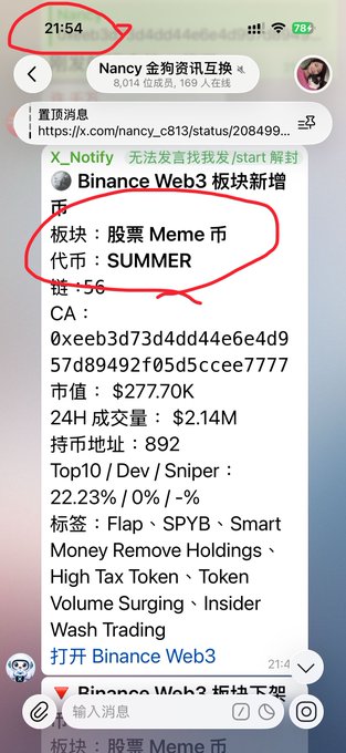 A screenshot of a Telegram chat named 'Nancy金狗资讯互换' showing cryptocurrency analysis for the token 'SUMMER' on Binance Web3, including market cap ($277.70K) and contract address.