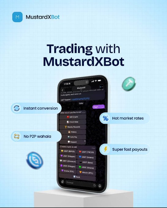 A promotional graphic for "MustardXBot" advertising trading features, including "Instant conversion," "No P2P wahala," "Hot market rates," and "Super fast payouts," showing a smartphone displaying a crypto trading interface.