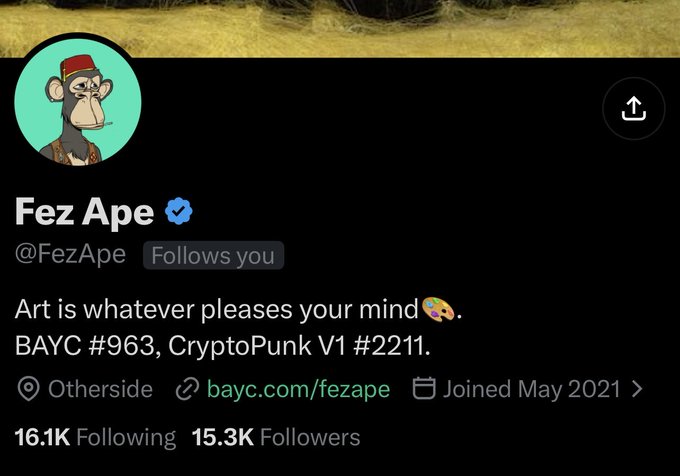 A Twitter profile for 'Fez Ape' (@FezApe) with the bio 'Art is whatever pleases your mind 🎨. BAYC #963, CryptoPunk V1 #2211', showing 16.1K Following and 15.3K Followers, joined May 2021.