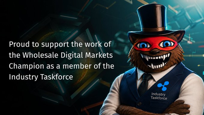 A promotional graphic featuring an anthropomorphic chipmunk character in a top hat and Industry Taskforce vest, with text reading 'Proud to support the work of the Wholesale Digital Markets Champion as a member of the Industry Taskforce.'