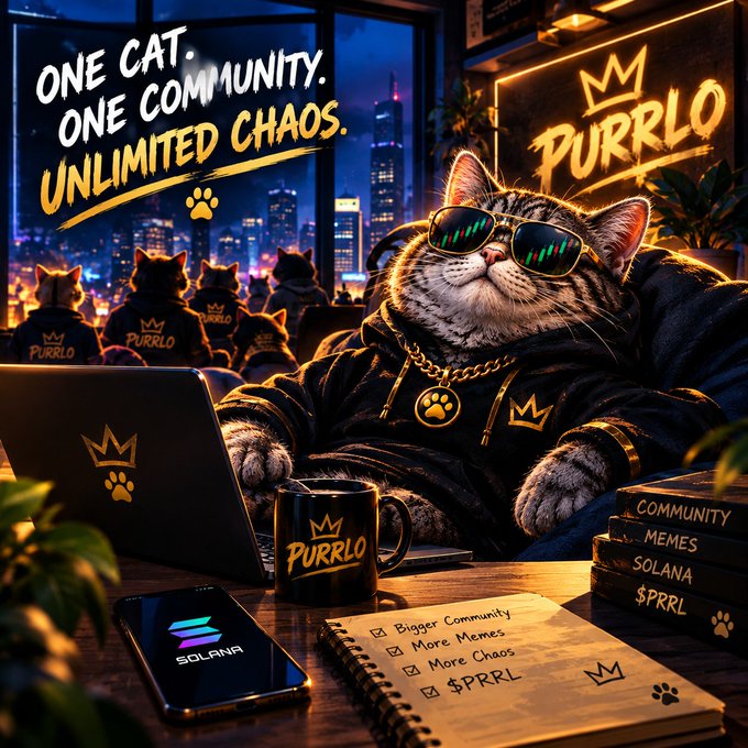 A stylized promotional image featuring a cat wearing sunglasses and a gold chain named 'PURRLO' with a laptop, surrounded by PURRLO-clad cats and Solana/$PRRL branding, with text reading 'ONE CAT. ONE COMMUNITY. UNLIMITED CHAOS.'