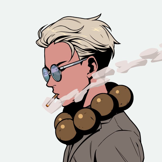 A profile illustration of a stylish man with blonde hair, round sunglasses, smoking a cigarette, and wearing a jacket adorned with large brown spherical beads.