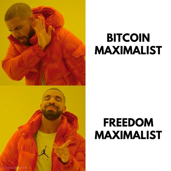The image is a classic Drake meme where he rejects the "BITCOIN MAXIMALIST" option in the top panel and approves of the "FREEDOM MAXIMALIST" option in the bottom panel, suggesting that prioritizing personal liberty and freedom is more appealing than focusing solely on Bitcoin. The "GM" post likely connects to the crypto community's morning greeting, using the meme to advocate that freedom should take precedence over a single-asset ideology.