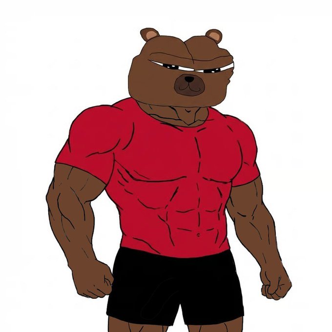 The image features a muscular, buff bear character wearing a red t-shirt and black shorts, with an intense, determined expression. This "strong bear" visual ties into the post's message that $BOBO is still a 100x from here, symbolizing bullish strength and confidence in the token's potential for massive gains.
