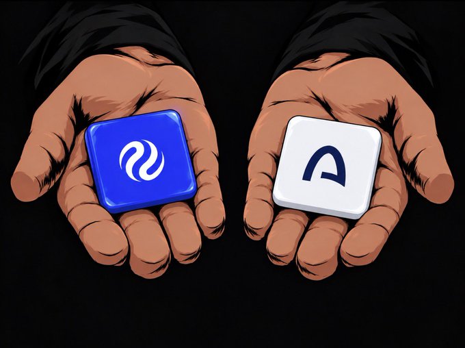 An illustrated image of two hands holding square tiles: the left hand holds a blue tile with the Injective (INJ) logo, and the right hand holds a white tile with the Arbitrum logo.
