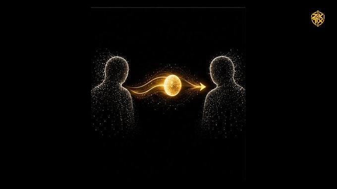 A minimalist digital illustration showing two human silhouettes facing each other with a glowing golden orb and flowing energy line connecting them against a black background, with a small golden logo in the top right.