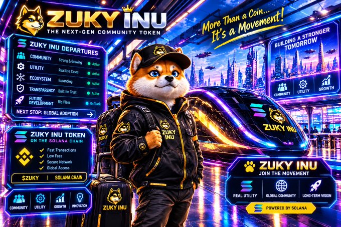 A promotional graphic for 'ZUKY INU' token on the Solana chain, featuring an anthropomorphic Shiba Inu in a black jacket and cap, with text highlighting features like 'FAST TRANSACTIONS', 'LOW FEES', 'SECURE NETWORK', and 'GLOBAL ACCESS'.