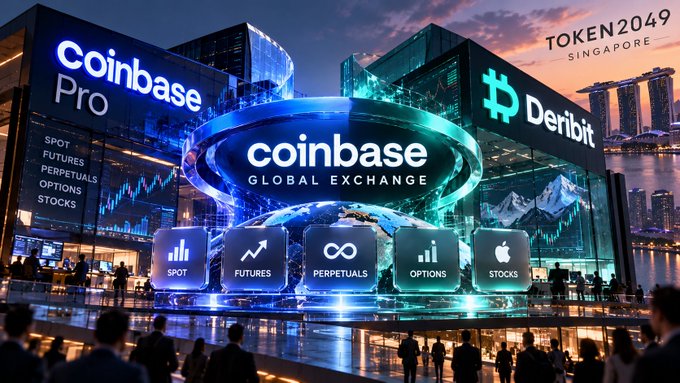 A promotional image for 'coinbase GLOBAL EXCHANGE' and 'Deribit' at 'TOKEN2049 SINGAPORE', depicting a futuristic building with illuminated trading options icons (Spot, Futures, Perpetuals, Options, Stocks) and city skyline in the background.