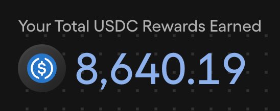 A digital dashboard displays "Your Total USDC Rewards Earned" with a value of 8,640.19, corresponding to the post's claim of receiving $8,640 from Ondo perps.