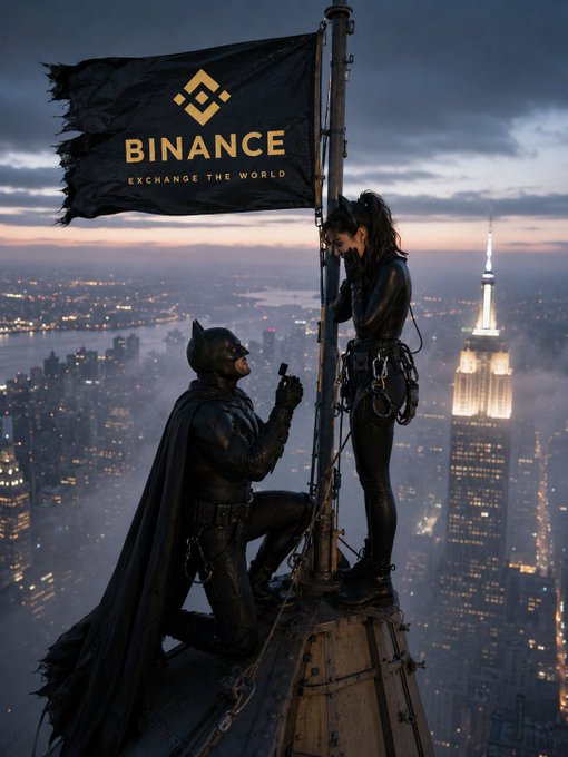 A cinematic scene atop a city skyscraper featuring Batman-like figures with a black 'BINANCE - EXCHANGE THE WORLD' flag waving in the wind against a twilight cityscape with the Empire State Building visible.