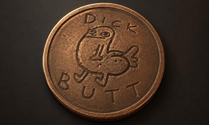 The image features a round, copper-colored coin with an illustration of a frog sitting on its backside. The phrase "DICK BUTT" is written above the frog's head. The coin appears to be made of metal and has a shiny appearance due to its copper color.