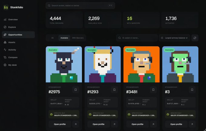 The Stonksfolio dashboard showing 4,444 total brokies, 2,269 available, and listings for pixel-art NFT characters like StonkBroker #2975 and #1293 available for specific buy prices.