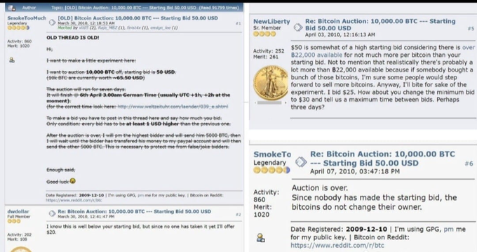 A screenshot of a forum thread titled '[OLD] Bitcoin Auction: 10,000.00 BTC --- Starting Bid 50.00 USD' with the original post declaring 'OLD THREAD IS OLD!' and discussing an experimental 50,000 BTC auction from 2010, alongside subsequent replies noting the auction is over.