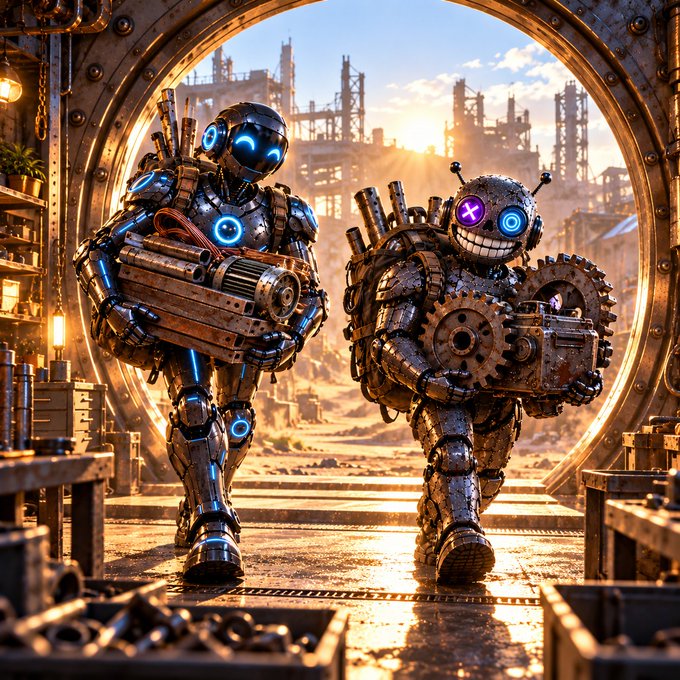 A digital artwork depicting two steampunk-style robots carrying weapons walking out of a circular industrial doorway at sunset.