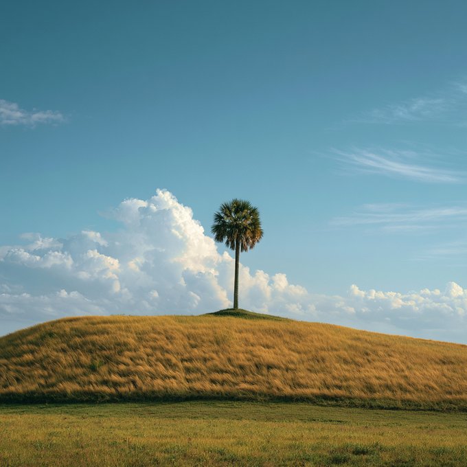 A lone palm tree stands atop a golden, grassy hill under a vast blue sky with scattered clouds. The serene, sunlit landscape pairs with the "gm" (good morning) post to evoke a peaceful start to the day.