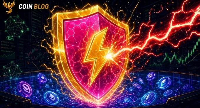 A 'COIN BLOG' graphic featuring a glowing pink shield with a lightning bolt, red lightning strikes, and floating cryptocurrency coins against a digital trading background.