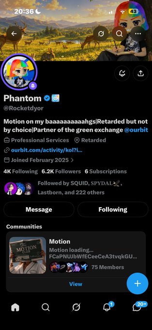 A screenshot of a Twitter/X profile for 'Phantom' (@Rocketdydor) showing a rainbow-haired avatar, 4K Following, 6.2K Followers, and a profile banner with deer and a person.