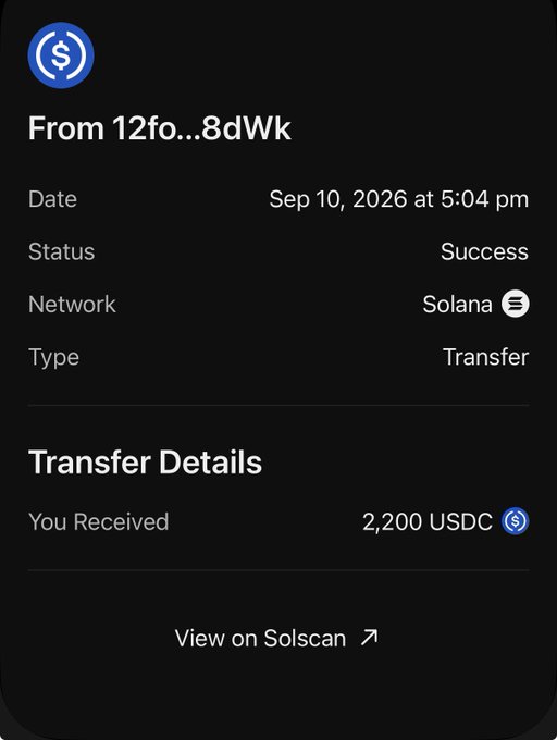 A cryptocurrency transaction confirmation screen showing a successful USDC transfer of 2,200 USDC received on the Solana network on Sep 10, 2026.